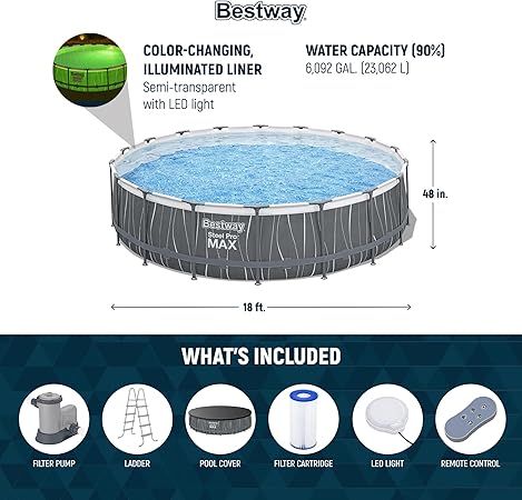 Bestway Steel Pro MAX 18 Foot x 48 Inches Metal Frame Above Ground Round Swimming Pool Set with LED Light, Remote Control, Ladder, and Pool Cover